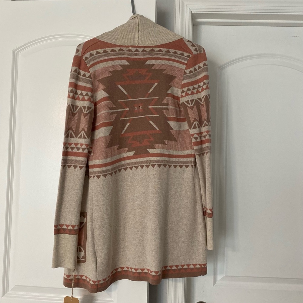 NWT Yes Lola Women’s Open Front Cream/Brown/Pink Patterned Cardigan